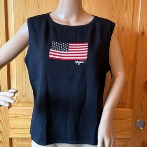 St John Sport Marie Gray Black Sweater L Sleeveless American Flag Patriotic Logo